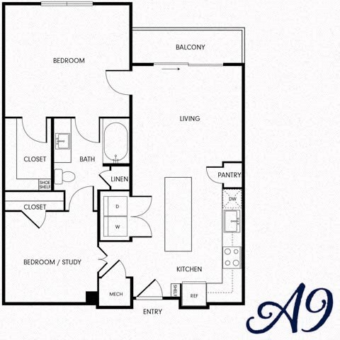 Floor plan for 1 bed, 1 bath, 892 sqft
